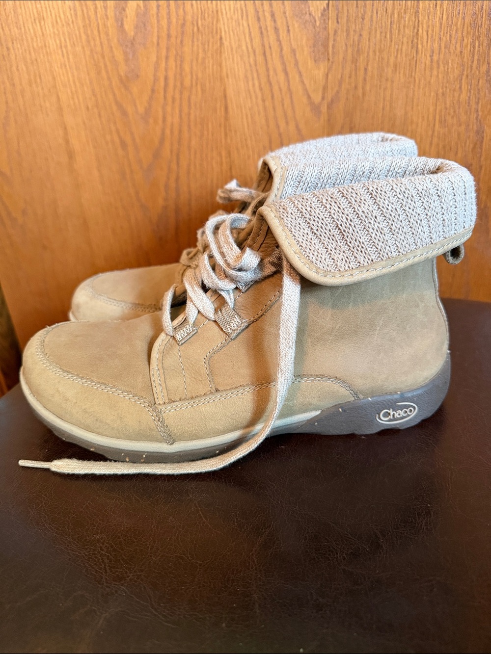 Chaco Tan Suede Fold-Over Ankle Booties with Knit Cuff